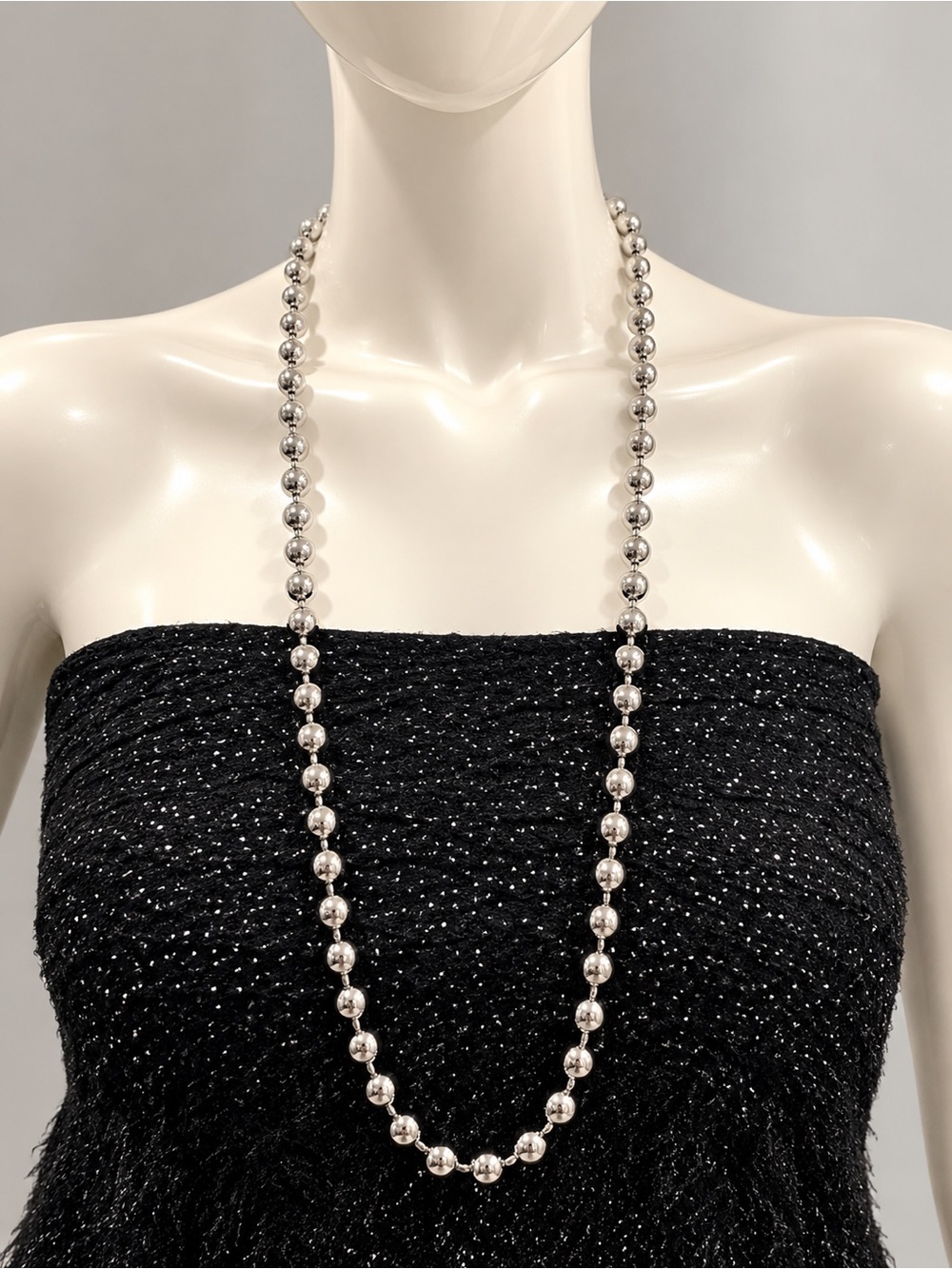 Silver Ball Bead Necklace 32” Long Y2K 90s Retro Statement Jewelry